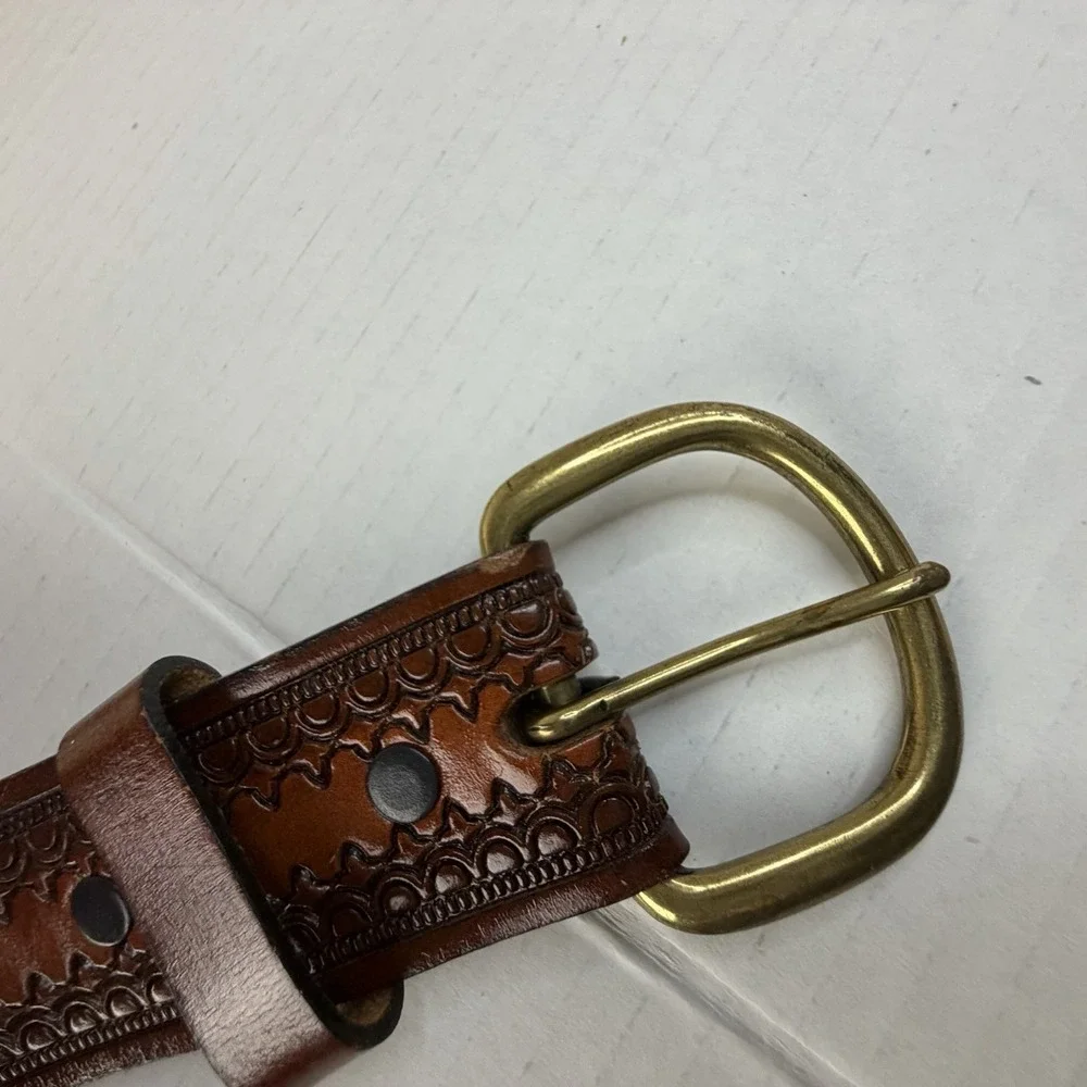 Western Cowboy Brown Leather Men's Belt Decorative Tooled Full Grain, Brass 47